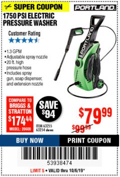 Harbor Freight Coupon 1750 PSI ELECTRIC PRESSURE WASHER Lot No. 63254/63255 Expired: 10/6/19 - $79.99