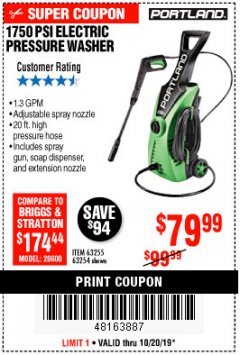 Harbor Freight Coupon 1750 PSI ELECTRIC PRESSURE WASHER Lot No. 63254/63255 Expired: 10/20/19 - $79.99