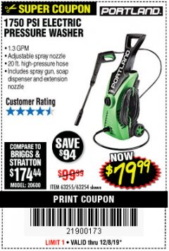 Harbor Freight Coupon 1750 PSI ELECTRIC PRESSURE WASHER Lot No. 63254/63255 Expired: 12/8/19 - $79.99
