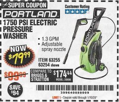 Harbor Freight Coupon 1750 PSI ELECTRIC PRESSURE WASHER Lot No. 63254/63255 Expired: 1/10/20 - $79.99