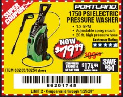 Harbor Freight Coupon 1750 PSI ELECTRIC PRESSURE WASHER Lot No. 63254/63255 Expired: 1/25/20 - $79.99
