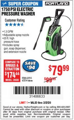Harbor Freight Coupon 1750 PSI ELECTRIC PRESSURE WASHER Lot No. 63254/63255 Expired: 2/2/20 - $79.99