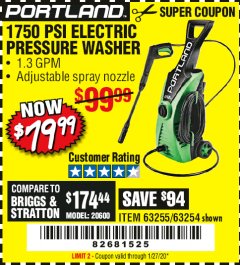 Harbor Freight Coupon 1750 PSI ELECTRIC PRESSURE WASHER Lot No. 63254/63255 Expired: 1/27/20 - $79.99