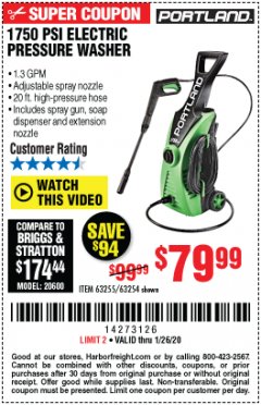 Harbor Freight Coupon 1750 PSI ELECTRIC PRESSURE WASHER Lot No. 63254/63255 Expired: 1/26/20 - $79.99
