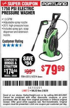 Harbor Freight Coupon 1750 PSI ELECTRIC PRESSURE WASHER Lot No. 63254/63255 Expired: 2/9/20 - $79.99