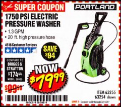 Harbor Freight Coupon 1750 PSI ELECTRIC PRESSURE WASHER Lot No. 63254/63255 Expired: 3/31/20 - $79.99