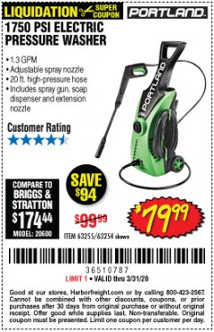 Harbor Freight Coupon 1750 PSI ELECTRIC PRESSURE WASHER Lot No. 63254/63255 Expired: 3/31/20 - $79.99
