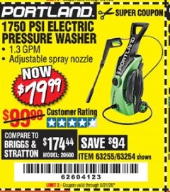 Harbor Freight Coupon 1750 PSI ELECTRIC PRESSURE WASHER Lot No. 63254/63255 Expired: 6/21/20 - $79.99