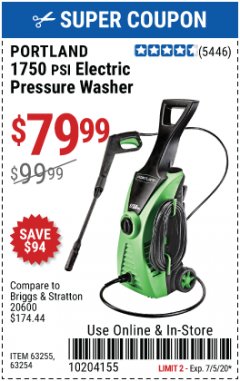 Harbor Freight Coupon 1750 PSI ELECTRIC PRESSURE WASHER Lot No. 63254/63255 Expired: 7/5/20 - $79.99