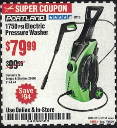 Harbor Freight Coupon 1750 PSI ELECTRIC PRESSURE WASHER Lot No. 63254/63255 Expired: 7/31/20 - $79.99