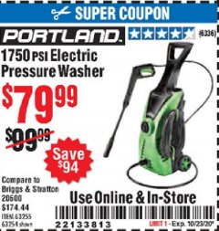 Harbor Freight Coupon 1750 PSI ELECTRIC PRESSURE WASHER Lot No. 63254/63255 Expired: 10/23/20 - $79.99