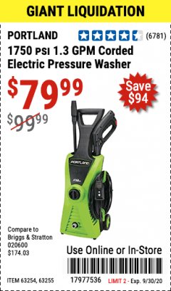 Harbor Freight Coupon 1750 PSI ELECTRIC PRESSURE WASHER Lot No. 63254/63255 Expired: 9/30/20 - $79.99