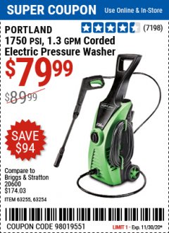 Harbor Freight Coupon 1750 PSI ELECTRIC PRESSURE WASHER Lot No. 63254/63255 Expired: 11/30/20 - $79.99