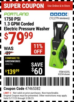 Harbor Freight Coupon 1750 PSI ELECTRIC PRESSURE WASHER Lot No. 63254/63255 Expired: 5/28/23 - $79.99