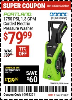 Harbor Freight Coupon 1750 PSI ELECTRIC PRESSURE WASHER Lot No. 63254/63255 Expired: 2/18/24 - $79.99