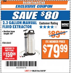 Harbor Freight ITC Coupon 2.3 GAL. MANUAL FLUID EXTRACTOR Lot No. 62643 Expired: 9/4/18 - $79.99
