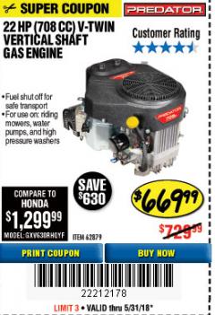 Harbor Freight Coupon PREDATOR 22 HP (708 CC) V-TWIN VERTICAL SHAFT ENGINE Lot No. 62879 Expired: 5/31/18 - $669.99