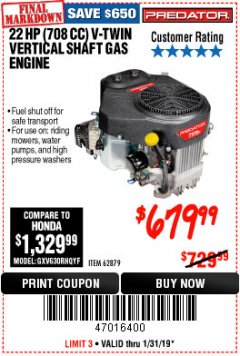 Harbor Freight Coupon PREDATOR 22 HP (708 CC) V-TWIN VERTICAL SHAFT ENGINE Lot No. 62879 Expired: 1/31/19 - $679.99