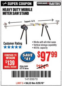 Harbor Freight Coupon CHICAGO ELECTRIC HEAVY DUTY MOBILE MITER SAW STAND Lot No. 63409/62750 Expired: 8/26/18 - $97.99