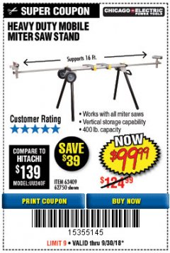 Harbor Freight Coupon CHICAGO ELECTRIC HEAVY DUTY MOBILE MITER SAW STAND Lot No. 63409/62750 Expired: 9/30/18 - $99.99