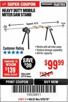 Harbor Freight Coupon CHICAGO ELECTRIC HEAVY DUTY MOBILE MITER SAW STAND Lot No. 63409/62750 Expired: 9/23/18 - $99.99
