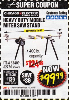 Harbor Freight Coupon CHICAGO ELECTRIC HEAVY DUTY MOBILE MITER SAW STAND Lot No. 63409/62750 Expired: 11/30/18 - $99.99
