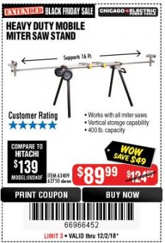 Harbor Freight Coupon CHICAGO ELECTRIC HEAVY DUTY MOBILE MITER SAW STAND Lot No. 63409/62750 Expired: 12/2/18 - $89.99