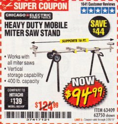 Harbor Freight Coupon CHICAGO ELECTRIC HEAVY DUTY MOBILE MITER SAW STAND Lot No. 63409/62750 Expired: 2/28/19 - $94.99