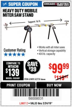 Harbor Freight Coupon CHICAGO ELECTRIC HEAVY DUTY MOBILE MITER SAW STAND Lot No. 63409/62750 Expired: 2/24/19 - $99.99