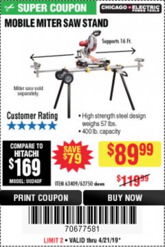 Harbor Freight Coupon CHICAGO ELECTRIC HEAVY DUTY MOBILE MITER SAW STAND Lot No. 63409/62750 Expired: 4/21/19 - $89.99
