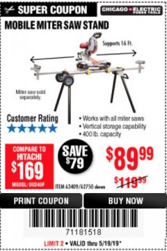 Harbor Freight Coupon CHICAGO ELECTRIC HEAVY DUTY MOBILE MITER SAW STAND Lot No. 63409/62750 Expired: 5/19/19 - $89.99