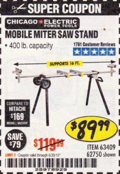 Harbor Freight Coupon CHICAGO ELECTRIC HEAVY DUTY MOBILE MITER SAW STAND Lot No. 63409/62750 Expired: 6/30/19 - $89.99