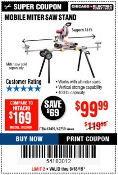 Harbor Freight Coupon CHICAGO ELECTRIC HEAVY DUTY MOBILE MITER SAW STAND Lot No. 63409/62750 Expired: 8/18/19 - $99.99