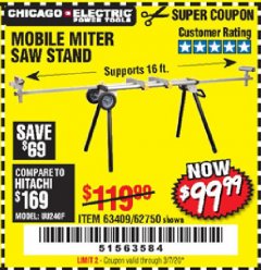 Harbor Freight Coupon CHICAGO ELECTRIC HEAVY DUTY MOBILE MITER SAW STAND Lot No. 63409/62750 Expired: 3/7/20 - $99.99