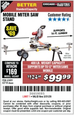 Harbor Freight Coupon CHICAGO ELECTRIC HEAVY DUTY MOBILE MITER SAW STAND Lot No. 63409/62750 Expired: 3/31/20 - $99.99