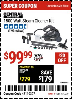 Harbor Freight Coupon 1500 WATT STEAM CLEANER KIT Lot No. 8823/63042 Expired: 1/31/22 - $99