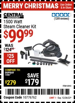 Harbor Freight Coupon 1500 WATT STEAM CLEANER KIT Lot No. 8823/63042 Expired: 12/26/22 - $99.99