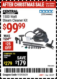 Harbor Freight Coupon 1500 WATT STEAM CLEANER KIT Lot No. 8823/63042 Expired: 1/8/23 - $99.99