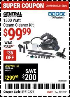 Harbor Freight Coupon 1500 WATT STEAM CLEANER KIT Lot No. 8823/63042 Expired: 10/1/23 - $99.99
