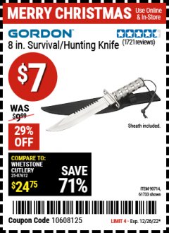 Harbor Freight Coupon 8" HUNTING KNIFE WITH SURVIVAL KIT Lot No. 90714/61501/61733 Expired: 12/26/22 - $7