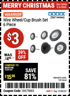 Harbor Freight Coupon 6 PIECE WIRE WHEEL AND CUP BRUSH SET Lot No. 60475/62581/1341 Expired: 12/26/21 - $3