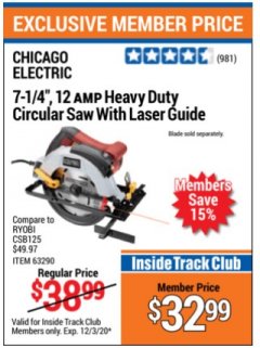 Harbor Freight ITC Coupon 7-1/4", 12 AMP HEAVY DUTY CIRCULAR SAW WITH LASER GUIDE SYSTEM Lot No. 63290 Expired: 12/3/20 - $32.99