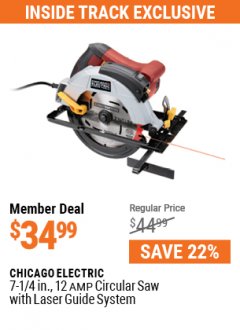 Harbor Freight ITC Coupon 7-1/4", 12 AMP HEAVY DUTY CIRCULAR SAW WITH LASER GUIDE SYSTEM Lot No. 63290 Expired: 7/29/21 - $34.99