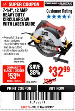 Harbor Freight Coupon 7-1/4", 12 AMP HEAVY DUTY CIRCULAR SAW WITH LASER GUIDE SYSTEM Lot No. 63290 Expired: 3/3/19 - $32.99