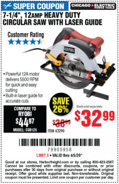 Harbor Freight Coupon 7-1/4", 12 AMP HEAVY DUTY CIRCULAR SAW WITH LASER GUIDE SYSTEM Lot No. 63290 Expired: 6/30/20 - $32.99