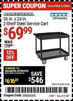 Harbor Freight Coupon 24" X 36" TWO SHELF STEEL SERVICE CART Lot No. 62587/5770 Valid Thru: 4/11/24 - $69.99