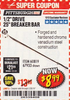 Harbor Freight Coupon PITTSBURGH PRO 1/2" DRIVE 25" BREAKER BAR Lot No. 67933/60819 Expired: 2/28/19 - $8.99