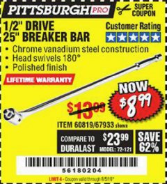 Harbor Freight Coupon PITTSBURGH PRO 1/2" DRIVE 25" BREAKER BAR Lot No. 67933/60819 Expired: 8/5/19 - $8.99