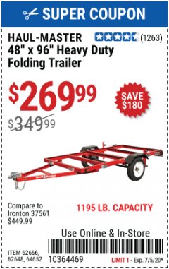 Harbor Freight Coupon 1090 LB. CAPACITY UTILITY TRAILER Lot No. 62645/62665 Expired: 7/5/20 - $269.99