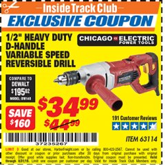 Harbor Freight ITC Coupon 1/2" HEAVY DUTY D-HANDLE VARIABLE SPEED DRILL Lot No. 69453/63114 Expired: 8/31/19 - $34.99